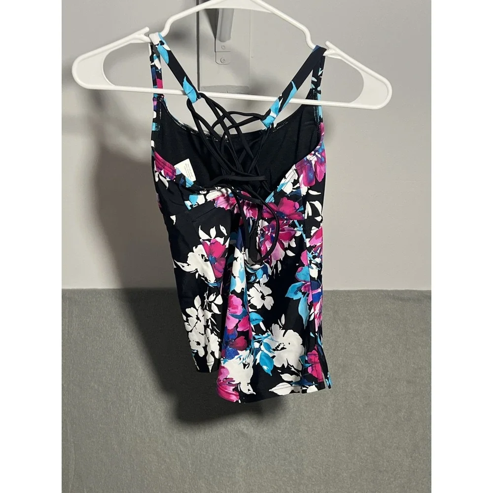 Island Waves Women's Floral Tankini Swim Top Black Pink Blue‎ White Size Small S